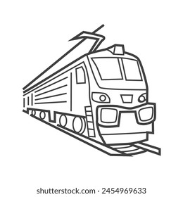 Vector linear icon of a train, representing a tourism-related item. Black and white line drawing of a railway vehicle.