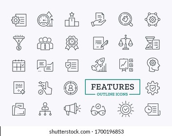 Vector linear icons of business features. Simple signs for website. Sales funnel, document, opportunity symbol