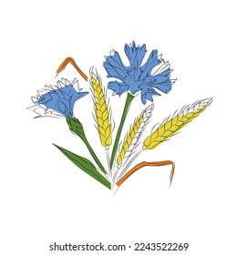 Vektorlineare Symbole, Zeichnungen mit den Farben der Ukraine. Maisblume, Weizenähren. Blumenstrauß.