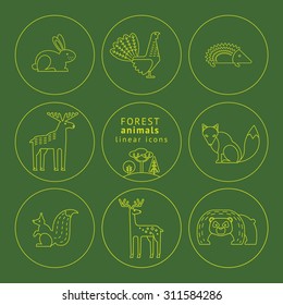 Vector linear icons of forest animals. Trendy design elements.
