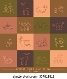 Vector linear icons of forest flora and fauna. Trendy design elements.