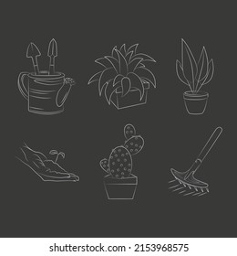 Vector linear icons for the garden. Icons on a gray background. Sprinkler with spatulas. Two flowers, plants in a pot. Hand with a handful of earth. Cactus. Garden rake.