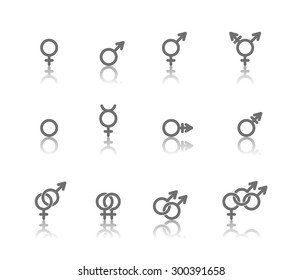 Vector linear icons of gender symbols and its combinations with reflections. Male, female and transgender symbols.