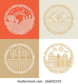 Vector linear icons and logo design elements with landscapes - travel concepts