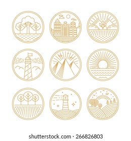 Vector linear icons and logo design elements with landscapes - travel concepts