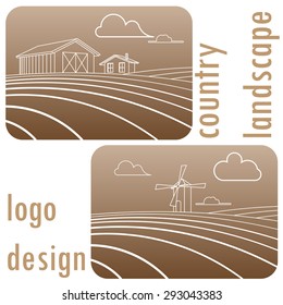 Vector linear icons and logo design elements with a rural landscape