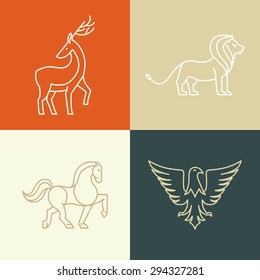 Vector linear icons and logo design elements - horse, lion, deer and eagle