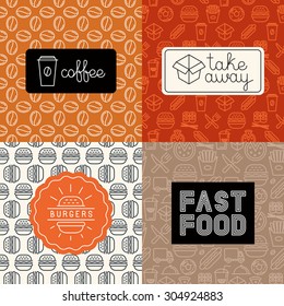 Vector linear icons and logo design elements in trendy mono line style - take away and fast food, burgers and coffee to-go