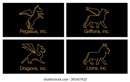 Vector linear icons and logo design elements - pegasus, lion, dragon and griffin on a dark background   