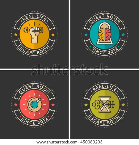 Vector linear icons and logo for the quest and room escape.