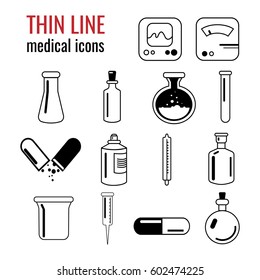 Vector linear icons. Medical items. Flasks, jars and bottles