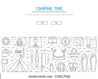 Vector linear icons on the topic of camping and Hiking in the wild, forest, lake, mountains, painted in a linear style.
