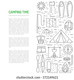 Vector linear icons on the topic of camping and Hiking in the wild, forest, lake, mountains, painted in a linear style.