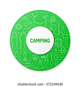 Vector linear icons on the topic of camping and Hiking in the wild, forest, lake, mountains, painted in a linear style.