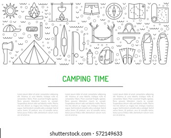 Vector linear icons on the topic of camping and Hiking in the wild, forest, lake, mountains, painted in a linear style.