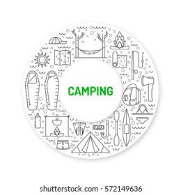 Vector linear icons on the topic of camping and Hiking in the wild, forest, lake, mountains, painted in a linear style.
