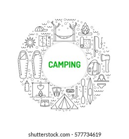 Vector linear icons on the topic of camping and Hiking in the wild, forest, lake, mountains, painted in a linear style.