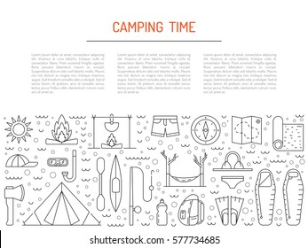 Vector linear icons on the topic of camping and Hiking in the wild, forest, lake, mountains, painted in a linear style.