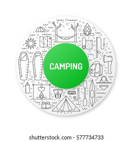 Vector linear icons on the topic of camping and Hiking in the wild, forest, lake, mountains, painted in a linear style.