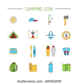 Vector linear icons on the topic of camping and Hiking in the wild, forest, lake, mountains, painted in a linear style.