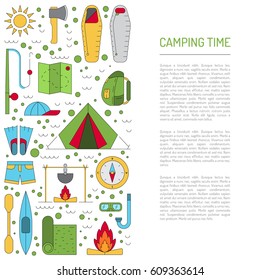 Vector linear icons on the topic of camping and Hiking in the wild, forest, lake, mountains, painted in a linear style.