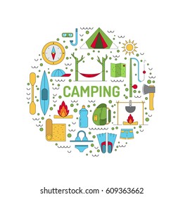 Vector linear icons on the topic of camping and Hiking in the wild, forest, lake, mountains, painted in a linear style.