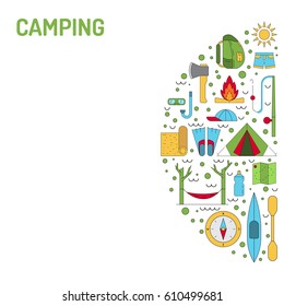 Vector linear icons on the topic of camping and Hiking in the wild, forest, lake, mountains, painted in a linear style.