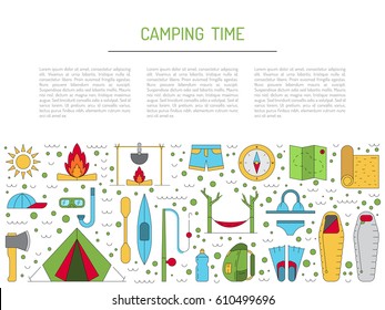 Vector linear icons on the topic of camping and Hiking in the wild, forest, lake, mountains, painted in a linear style.