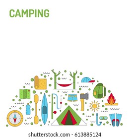 Vector linear icons on the topic of camping and Hiking in the wild, forest, lake, mountains, painted in a linear style.