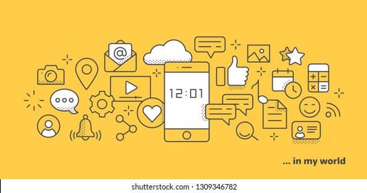 vector linear icons on a yellow background, smartphone and apps, landing page for a web site