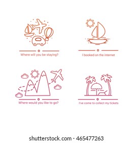 Vector linear icons set with airplane, boat, air ballon, mountains, palm tree, car, sun