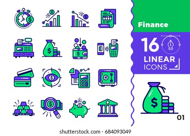 Vector linear icons set of finance, banking. High quality modern icons suitable for print, website and presentation
