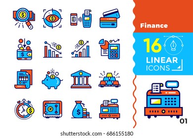 Vector linear icons set of finance, banking. High quality modern icons suitable for print, website and presentation