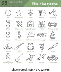 Iconos lineales vectoriales establecidos para infografías militares, diseño de noticias televisivas e interfaz de usuario móvil