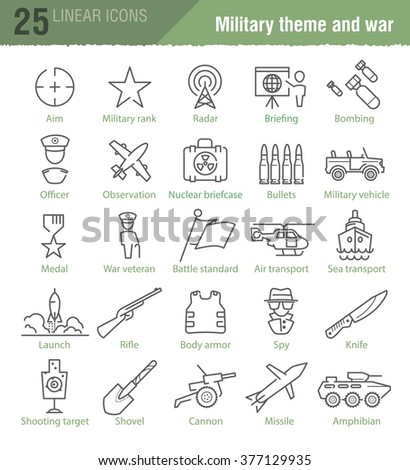 Vector linear icons set for military infographics, TV news design and mobile UI