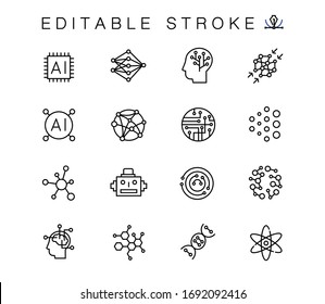 Vector linear icons set with Neural networks and abstract thinking. Machine learning and artificial intelligence. Isolated contour illustrations. Editable stroke. icon, icons, pictogram, symbol