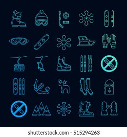 Vector linear icons set of symbols denoting the various types of winter recreation and pastimes such as skiing, snowboarding, skating. The types of winter recreation.