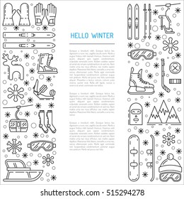 Vector linear icons set of symbols denoting the various types of winter recreation and pastimes such as skiing, snowboarding, skating. The types of winter recreation.