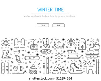 Vector linear icons set of symbols denoting the various types of winter recreation and pastimes such as skiing, snowboarding, skating. The types of winter recreation.