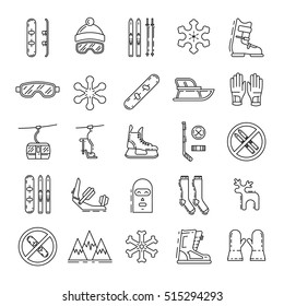 Vector linear icons set of symbols various types of winter recreation and pastimes such as skiing, snowboarding, skating. The types of winter recreation. Winter icon. Winter vector outline icon set.