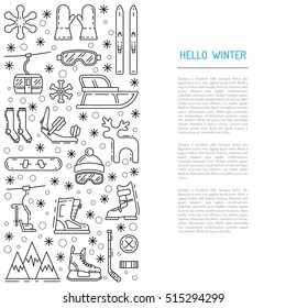 Vector linear icons set of symbols denoting the various types of winter recreation and pastimes such as skiing, snowboarding, skating. The types of winter recreation.