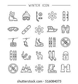 Vector linear icons set of symbols types of winter recreation and pastimes such as skiing, snowboarding, skating. The types of winter recreation. Icons of winter sports. Icon extreme winter sports