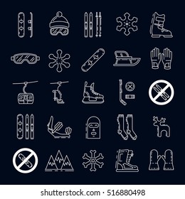 Vector linear icons set of symbols denoting the various types of winter recreation and pastimes such as skiing, snowboarding, skating. The types of winter recreation.