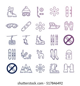 Vector linear icons set of symbols various types of winter recreation and pastimes such as skiing, snowboarding, skating. The types of winter recreation. Winter icon. Winter vector outline icon set.