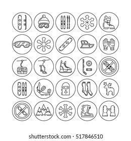 Vector linear icons set of symbols denoting the various types of winter recreation and pastimes such as skiing, snowboarding, skating. The types of winter recreation.