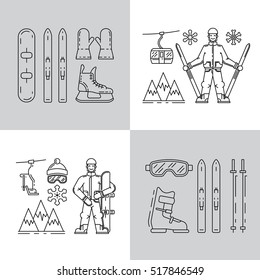 Vector linear icons set of symbols types of winter recreation and pastimes such as skiing, snowboarding, skating. The types of winter recreation. Icons of winter sports. Icon extreme winter sports