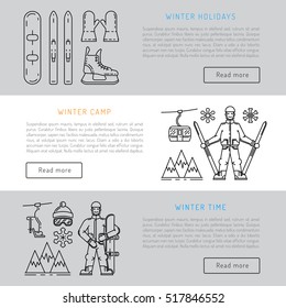 Vector linear icons set of symbols types of winter recreation and pastimes such as skiing, snowboarding, skating. The types of winter recreation. Icons of winter sports. Icon extreme winter sports