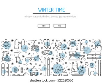 Vector linear icons set of symbols denoting the various types of winter recreation and pastimes such as skiing, snowboarding, skating. The types of winter recreation.