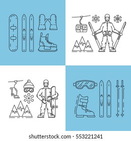 Vector linear icons set of symbols denoting the various types of winter recreation and pastimes such as skiing, snowboarding, skating. The types of winter recreation.