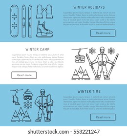 Vector linear icons set of symbols denoting the various types of winter recreation and pastimes such as skiing, snowboarding, skating. The types of winter recreation.